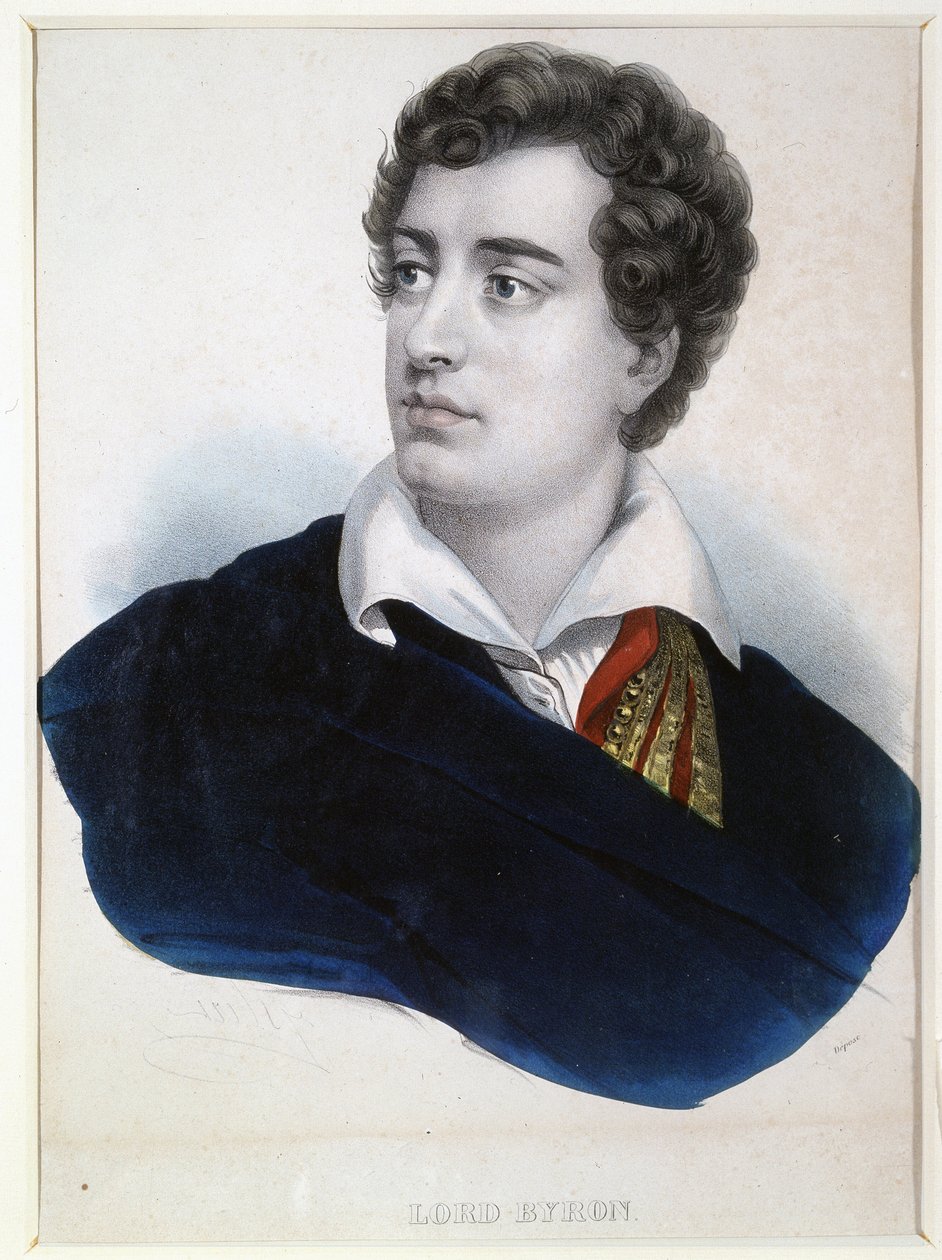 Porträtt av poeten Lord George Noel Byron (1788-1824) (Porträtt av poeten Lord G.N.Byron). Anonym litografi, förstärkt med akvarell, tidigt 1800-tal. Engelsk konst, romantik. A. Pushkin Memorial Museum, Sankt Petersburg. av Anonymous Anonymous