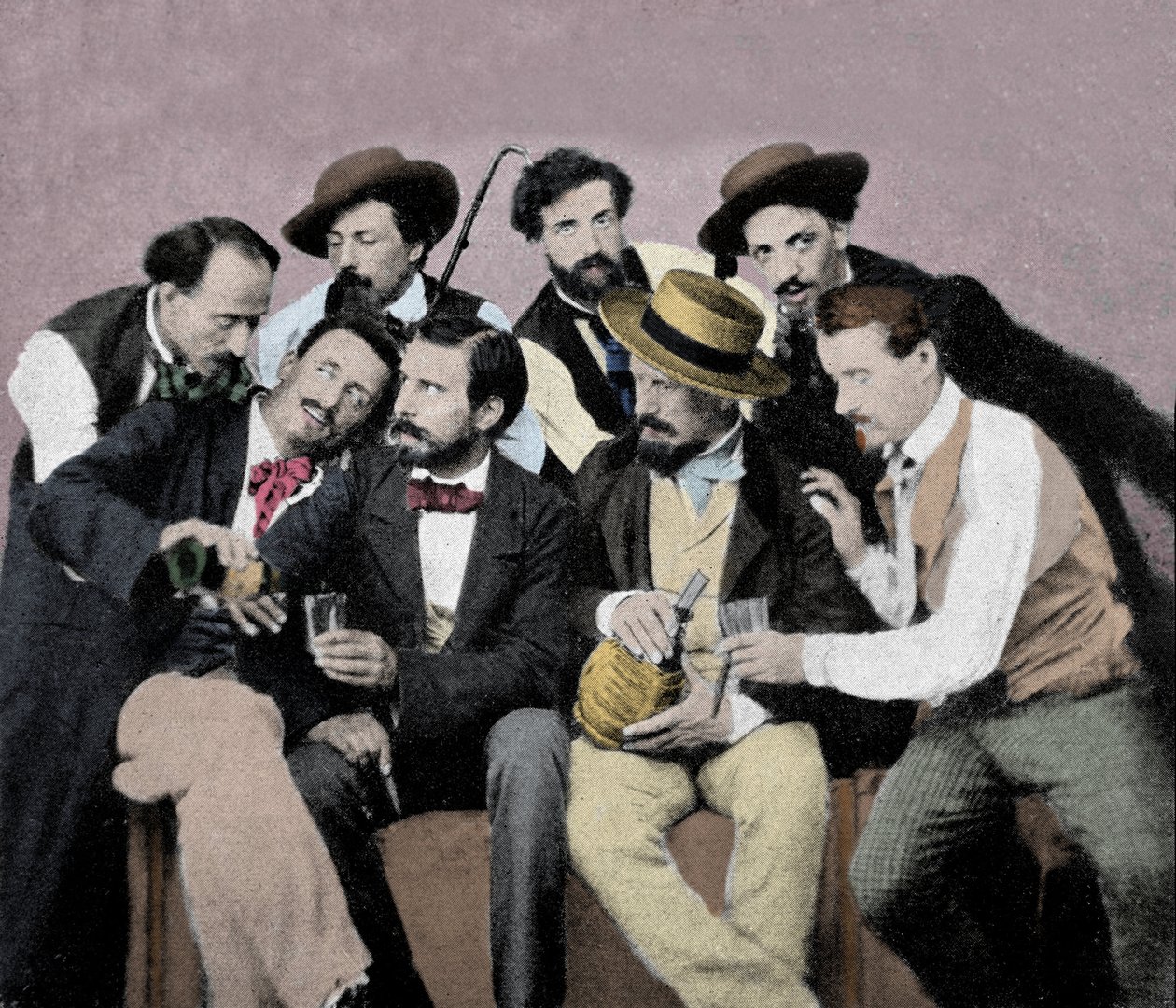 Porträttgrupp av konstnärer (Macchiaioli) i Florens: bland dem överst från vänster till höger Gaetano Bianchi, Cristiano Banti, Vito d