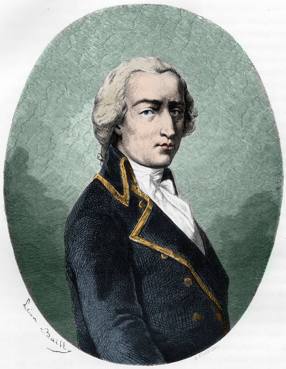 Porträtt av ARMAND LOUIS av GONTAUT BIRON, DUC DE LAUZUN, fransk soldat - Porträtt av Armand-Louis de Gontaut Biron hertig av Lauzun (Biron-Lauzun) (1758-1793) - Gravyr av 1863 i "Le Livre Rouge - Histoire De L