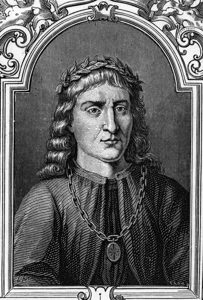 Porträtt av Andrea Mantegna (1431-1506) italiensk målare. Gravyr av 1859 i "" gallerierna i Europa - Italien "" av Armandaud. Privat samling. av Anonymous Anonymous