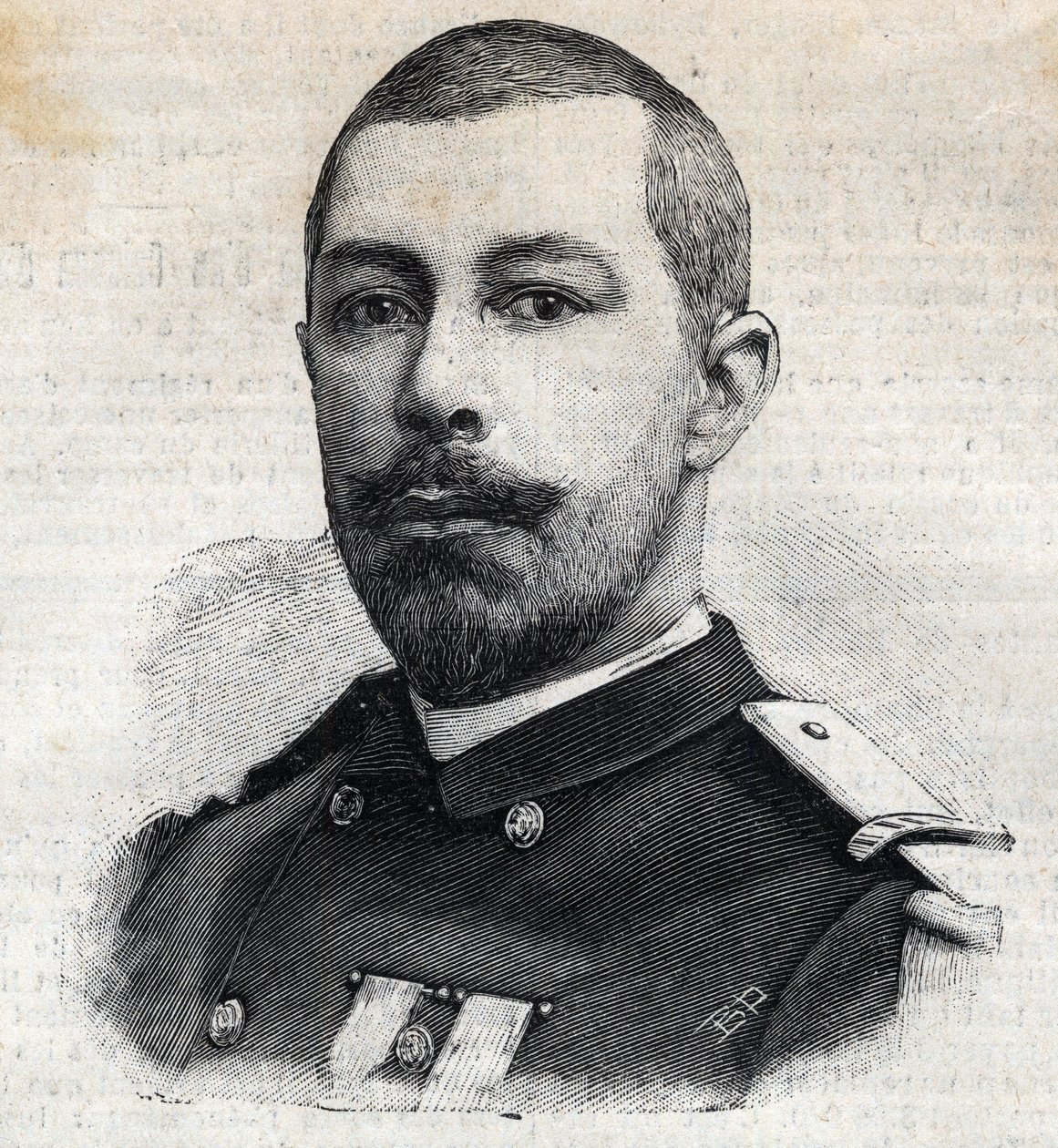 Porträtt av Antoine Mizon (1853-1899) fransk upptäcktsresande i Afrika. Gravyr i "" Le Peute Parisien"" av Anonymous Anonymous