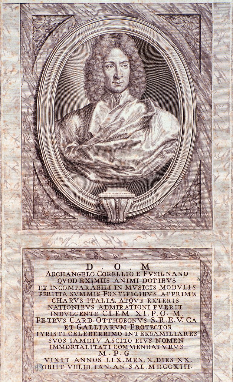 Porträtt av Arcangelo Corelli (1653-1713) italiensk kompositör och violinist Gravyr. Milanesisk privatsamling från 1700-talet av Anonymous Anonymous