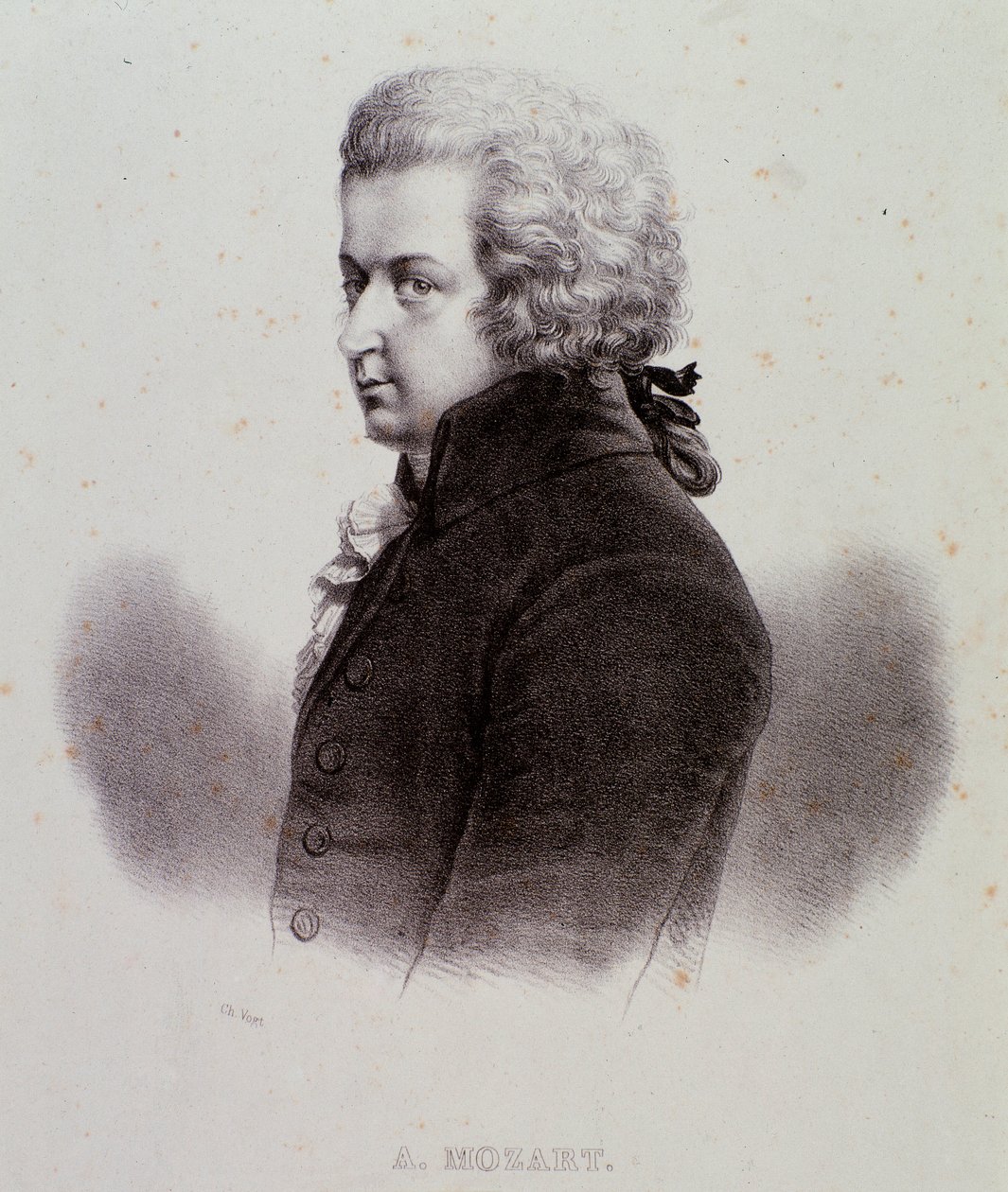 Porträtt av den österrikiska kompositören Wolfgang Amadeus Mozart (1756-1791) Gravyr. 1800-talet. Milanesisk privatsamling av Anonymous Anonymous