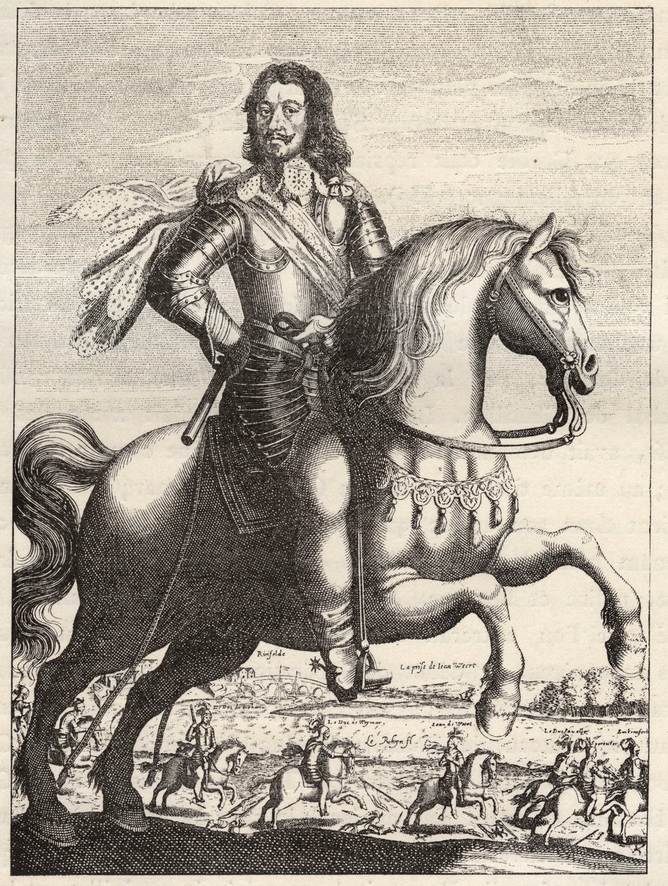Porträtt av Bernard av Sachsen Weimar (Sachsen-Weimar) (1604-1639) med representation av tillfångatagandet av Johannes av Werth av hertig Bernard och hertig av Rohan. Gravyr från 1600-talet. Privat samling. av Anonymous Anonymous