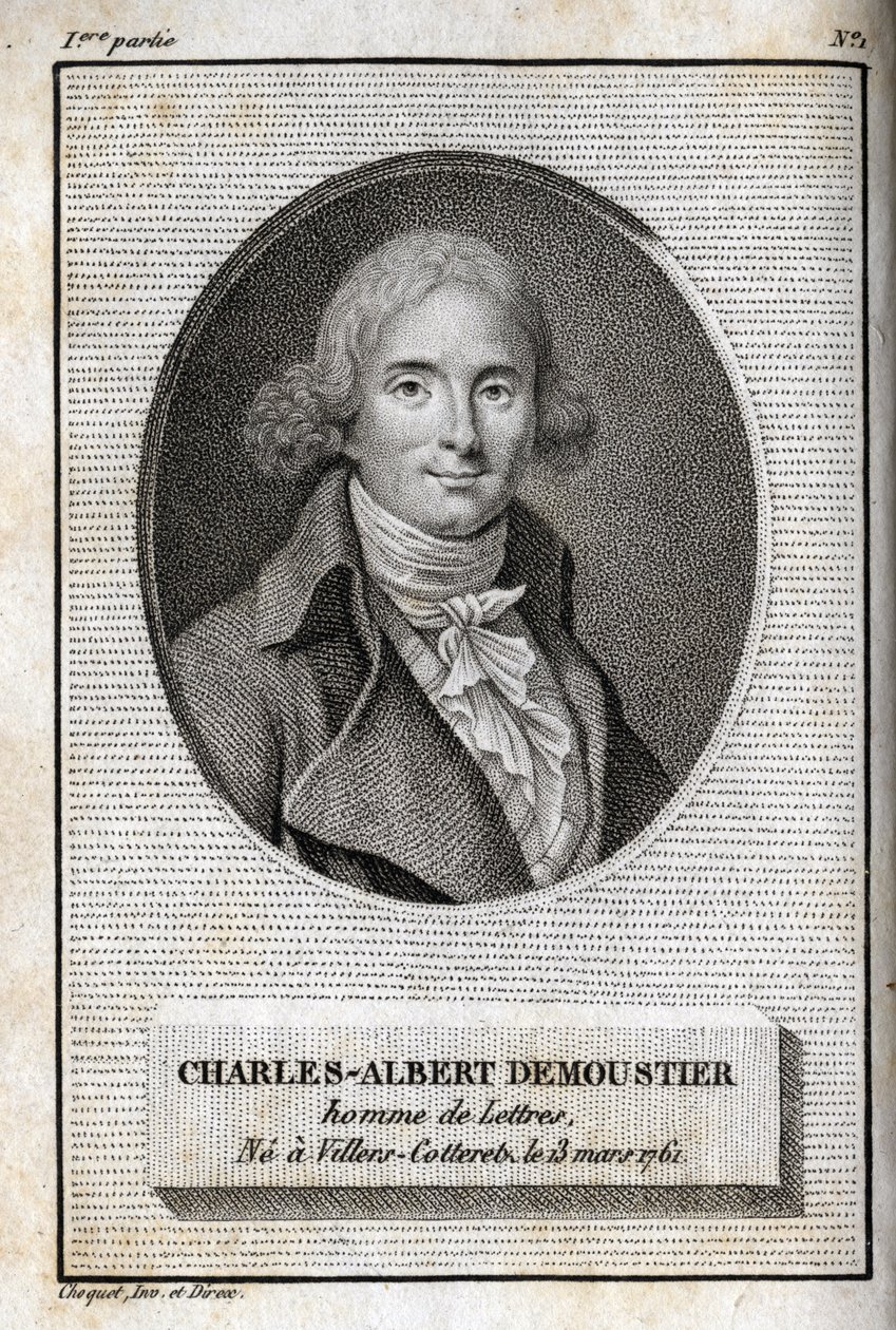 Porträtt av Charles Albert Demoustier (1760-1801) fransk författare. Gravyr från 1819 i "Lettres a Emilie sur la mythologie" av Charles Albert Demoustier (1760-1801). Privat samling. av Anonymous Anonymous