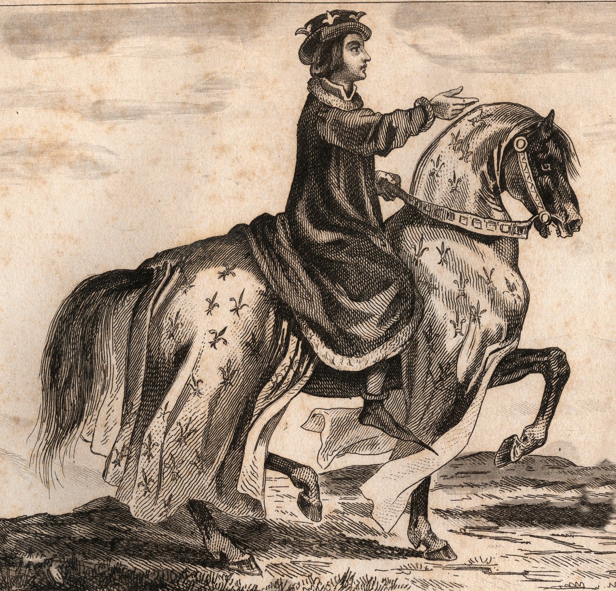 Porträtt av Karl IV Bel (1294-1328), kung av Frankrike. Gravyr från 1859 i "" Le Monde. Alla folks historia från de mest avlägsna tiderna till våra dagar”. av M. E. de Lostalot-Bachoue (Lostalot Bachoue). Privat samling. av Anonymous Anonymous