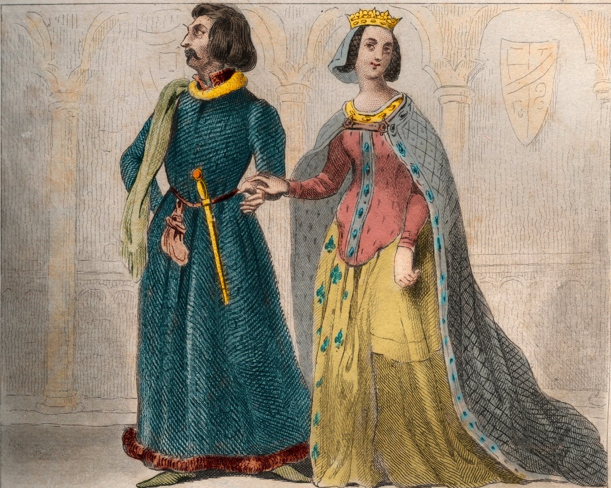 Porträtt av Charlotte de Savoie (1441-1483) Frankrikes drottning, med Ludvig XI av Frankrike, känd som den försiktige (1423-1483). Gravyr från 1859 i "" Le Monde. Alla folks historia från de mest avlägsna tiderna till våra dagar”. av M. E. de Lostalot-Bach av Anonymous Anonymous