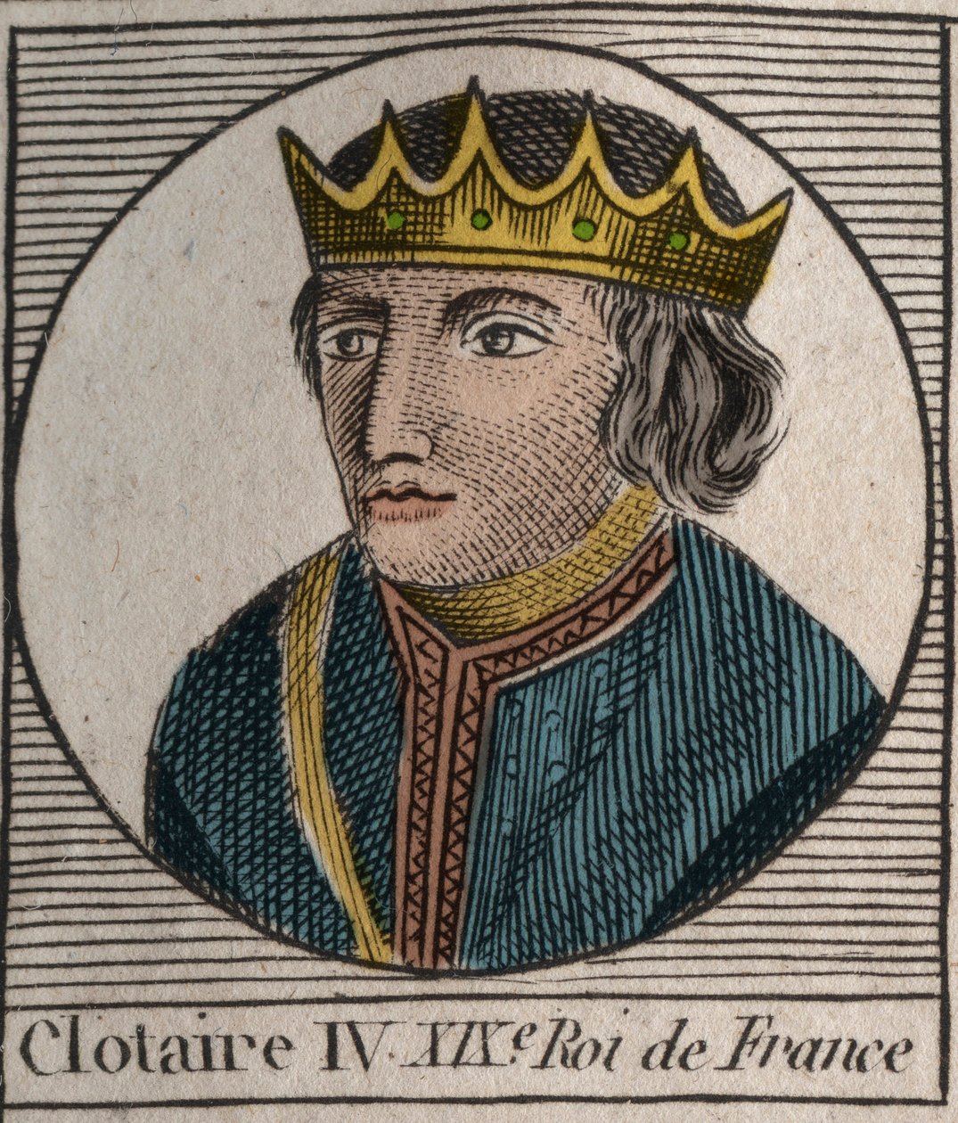 Porträtt av Clothaire (Clothaire) IV (ca 685-719), kung av frankerna av Austrasien från 717 till 719 - Chlothar IV (eller Chlotar) kung av frankerna - gravyr från "" Instruction sur l