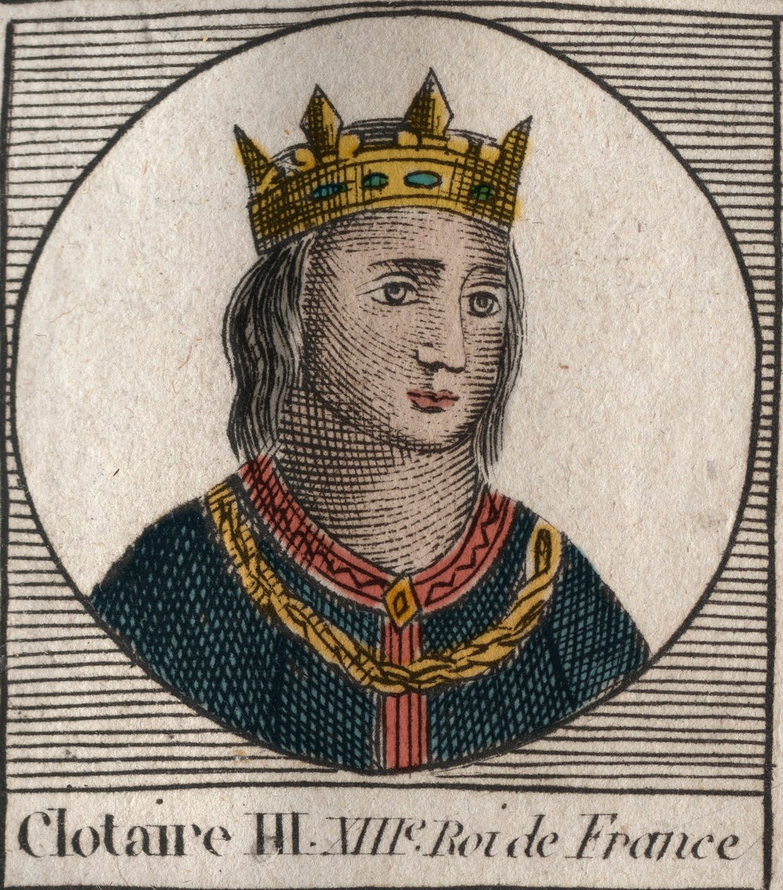 Porträtt av Clothaire III (652 - 673), kung av Neustrien och Bourgogne - Chlothar III eller Clotaire III, frankernas kung från merovingernas hus - gravyr från "Instruction sur l