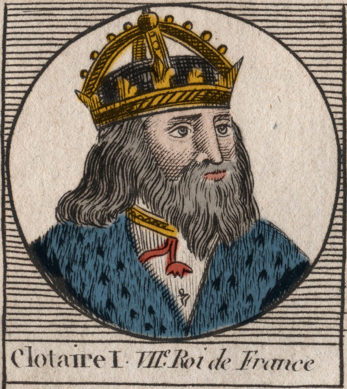 Porträtt av Clothaire I (497 - 561), kung av Neustrien och kung av frankerna - Clothar I, frankernas kung - gravyr från "Instruction sur l