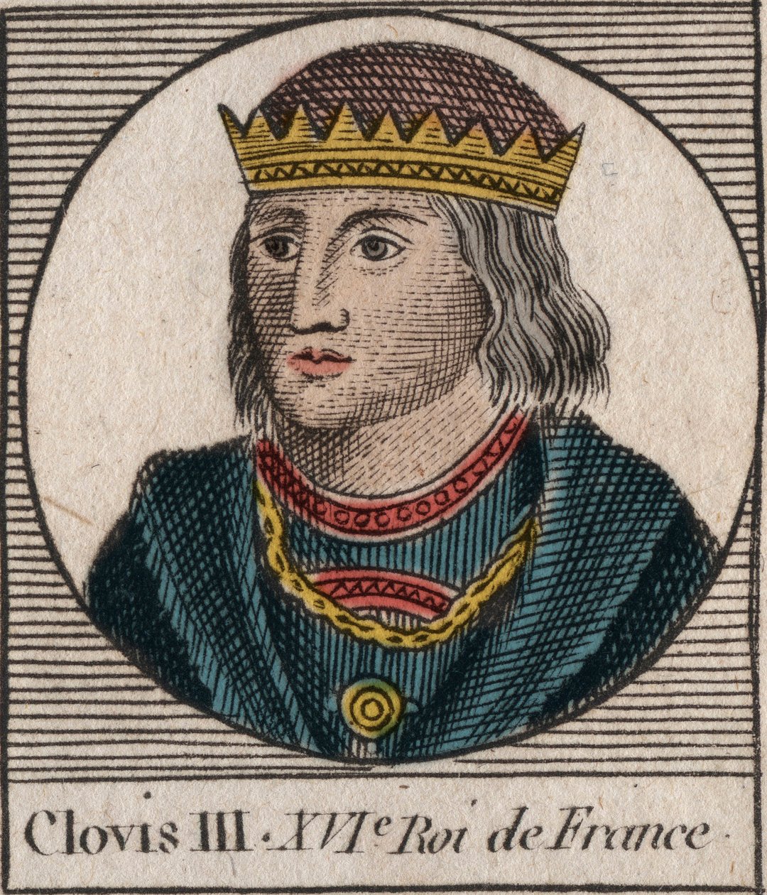 Porträtt av Clovis III, frankernas kung från 691 till 695 - CLOVIS III Merovinger kung av Neustrien och Austrasien - gravyr från "Instruction sur l