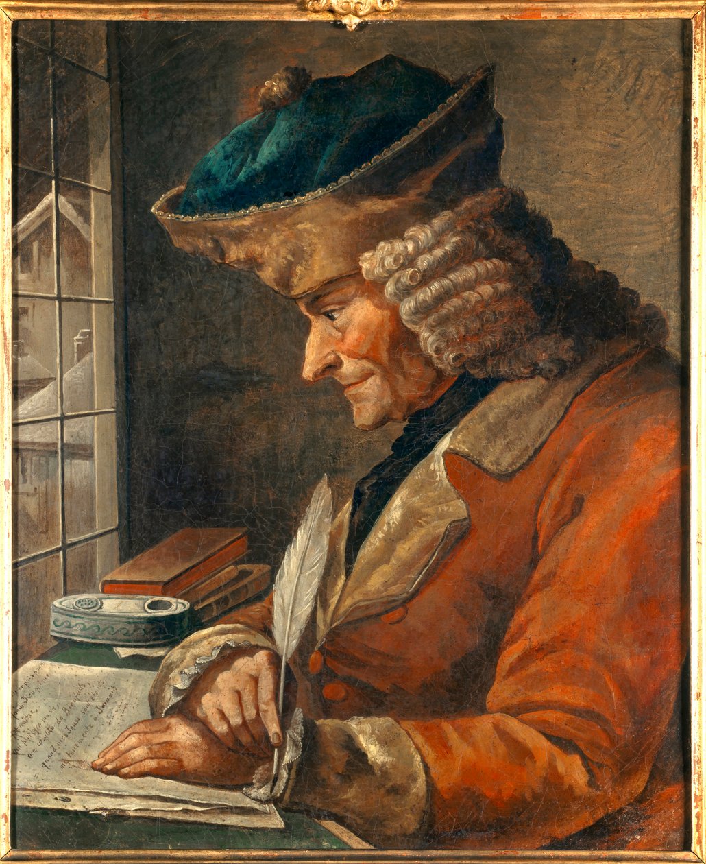 Porträtt av Francois Marie Arouet Voltaire (1694-1778) i hans arbetsskåp 1700-talsmålning. Dämpa. 0,43 x 0,35 m Paris, musee Carnavalet - Porträtt av Francois Marie Arouet Voltaire (1694-1778) i hans arbetsrum. 18:e centerns målning. 0,43 x 0,35 m av Anonymous Anonymous