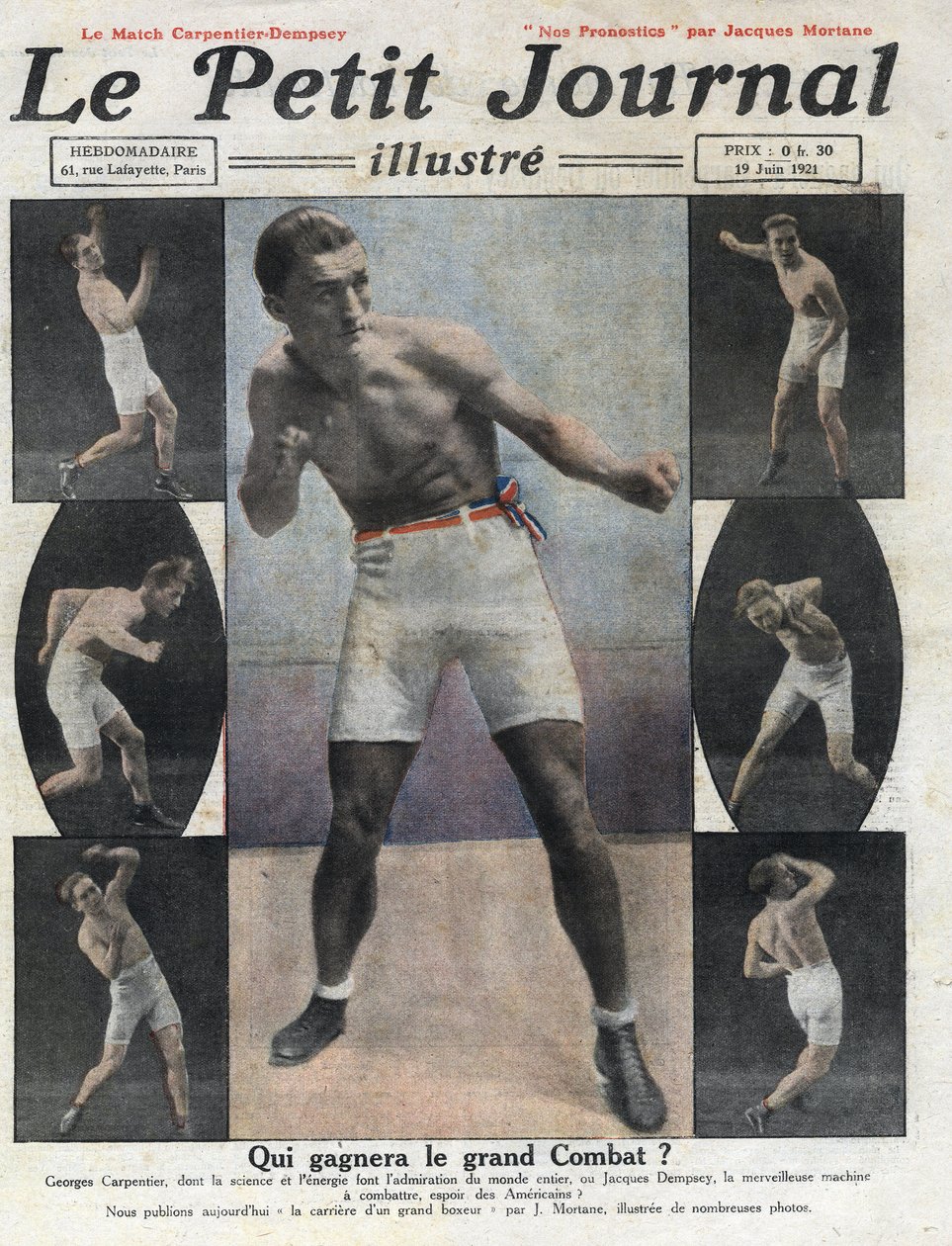 Porträtt av den franske boxaren Georges Carpentier som kommer att slåss mot den amerikanske boxaren Jack Dempsey om titeln världsmästare. Illustration hämtad från "" Le petit journal illustrious""" av 1921-06-19. Privat samling av Anonymous Anonymous