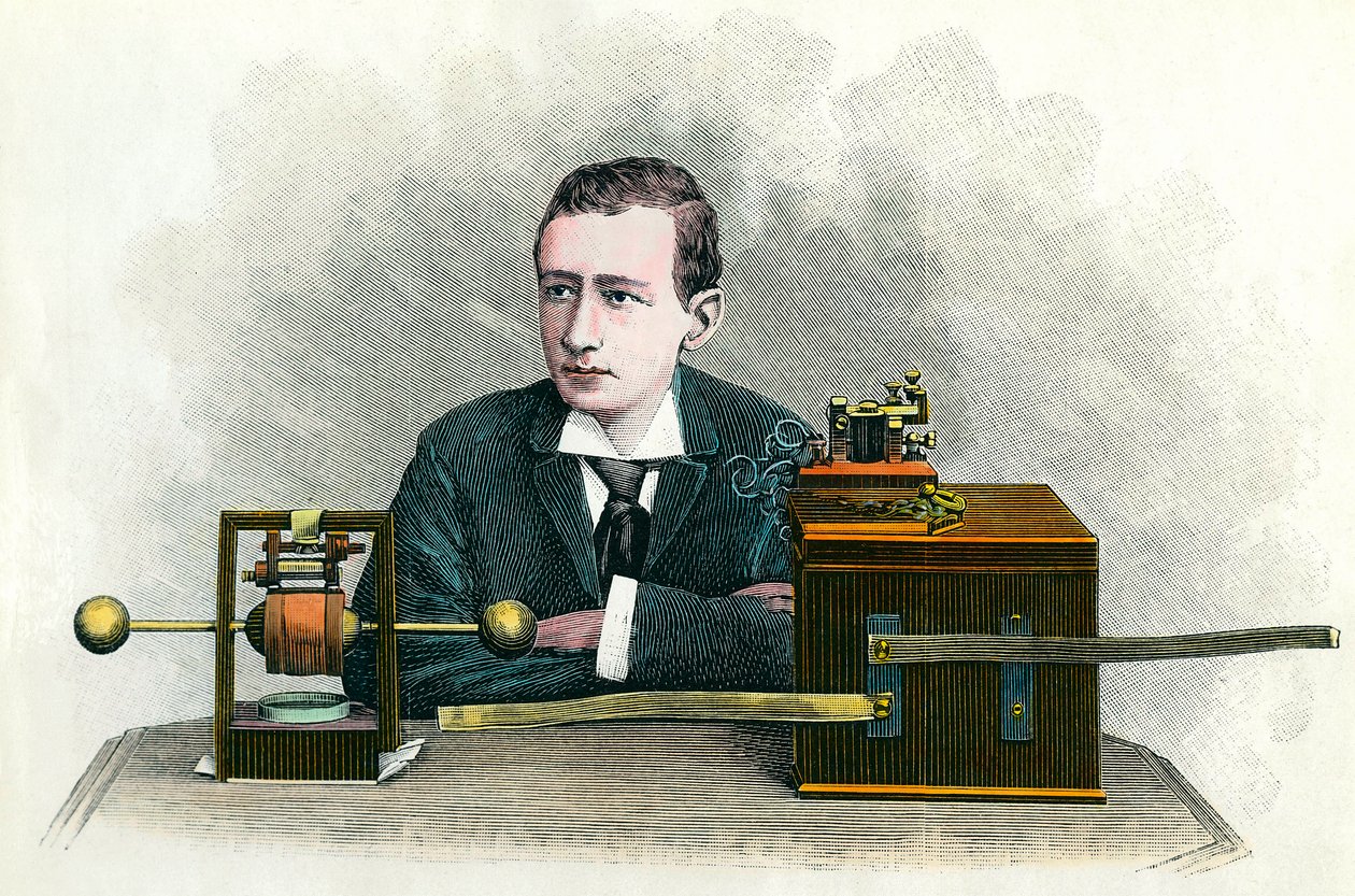 Porträtt av Guglielmo Marconi (1874-1937), italiensk fysiker, uppfinnare av telegrafen. Gravyr omkring 1900 Privat samling av Anonymous Anonymous