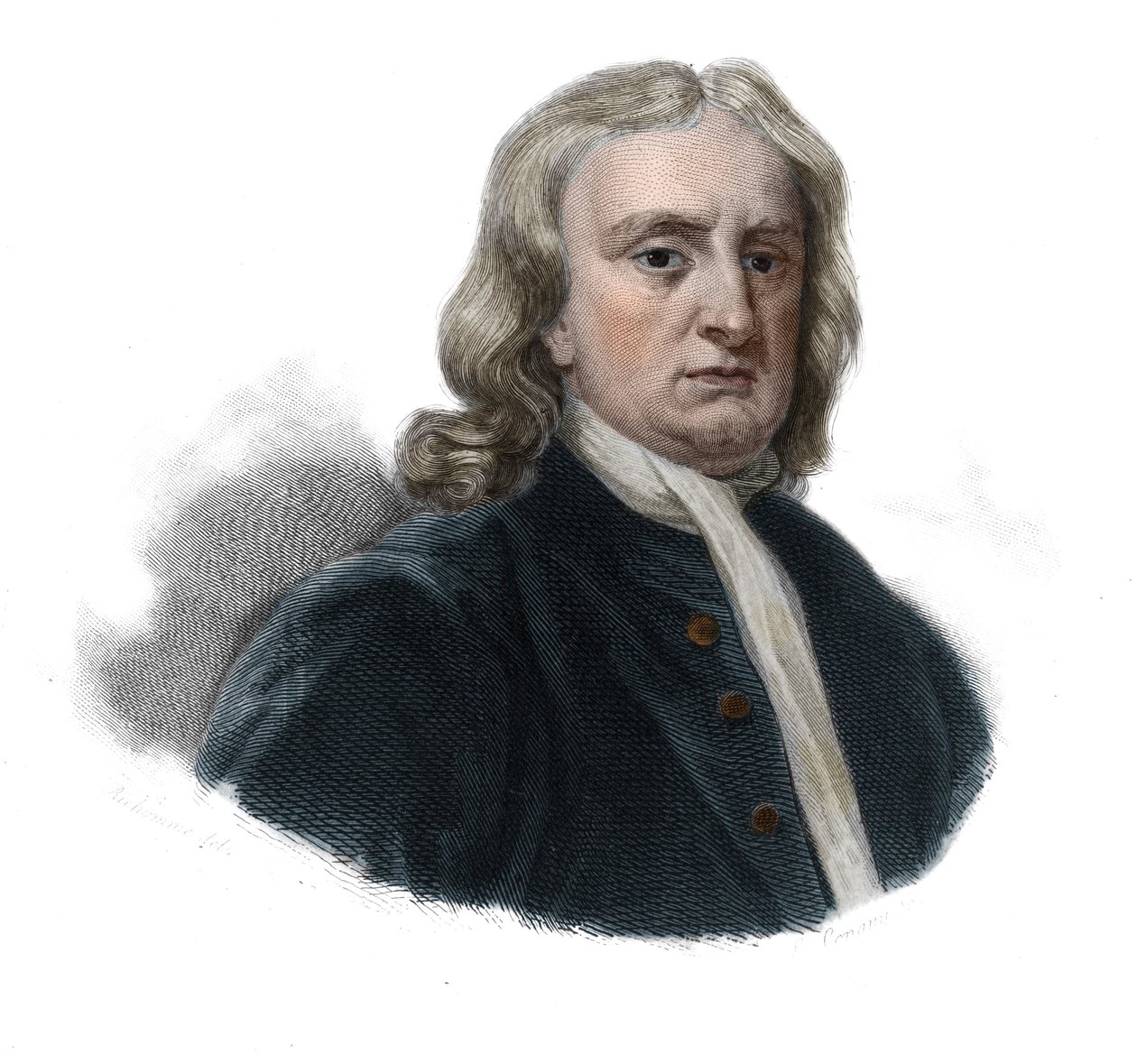 Porträtt av Isaac Newton (1642 - 1727), filosof och matematiker i "Porträtt och historia av användbara män: män och kvinnor i alla länder och av alla förhållanden, som förvärvat rättigheter till mäns erkännande" publicerad och propagerad av Society av Anonymous Anonymous