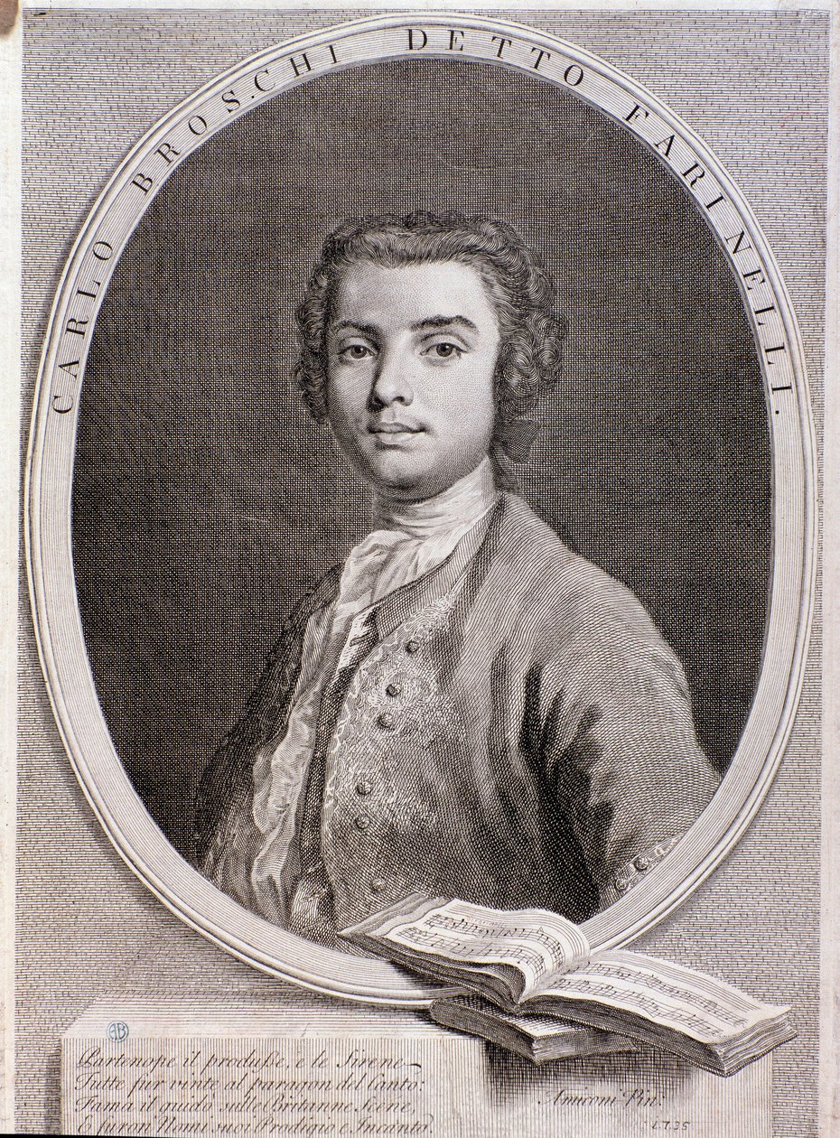 Porträtt av den italienske kastraten Carlo Broschi kallad Farinelli (gravyr. 1735) av Anonymous Anonymous