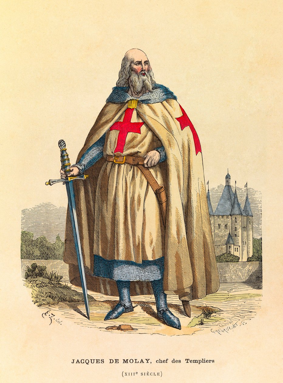Porträtt av Jacques de Molay (1244 - 1314), Tempelherrarnas stormästare på 1200-talet, gravyr - privat samling av Anonymous Anonymous