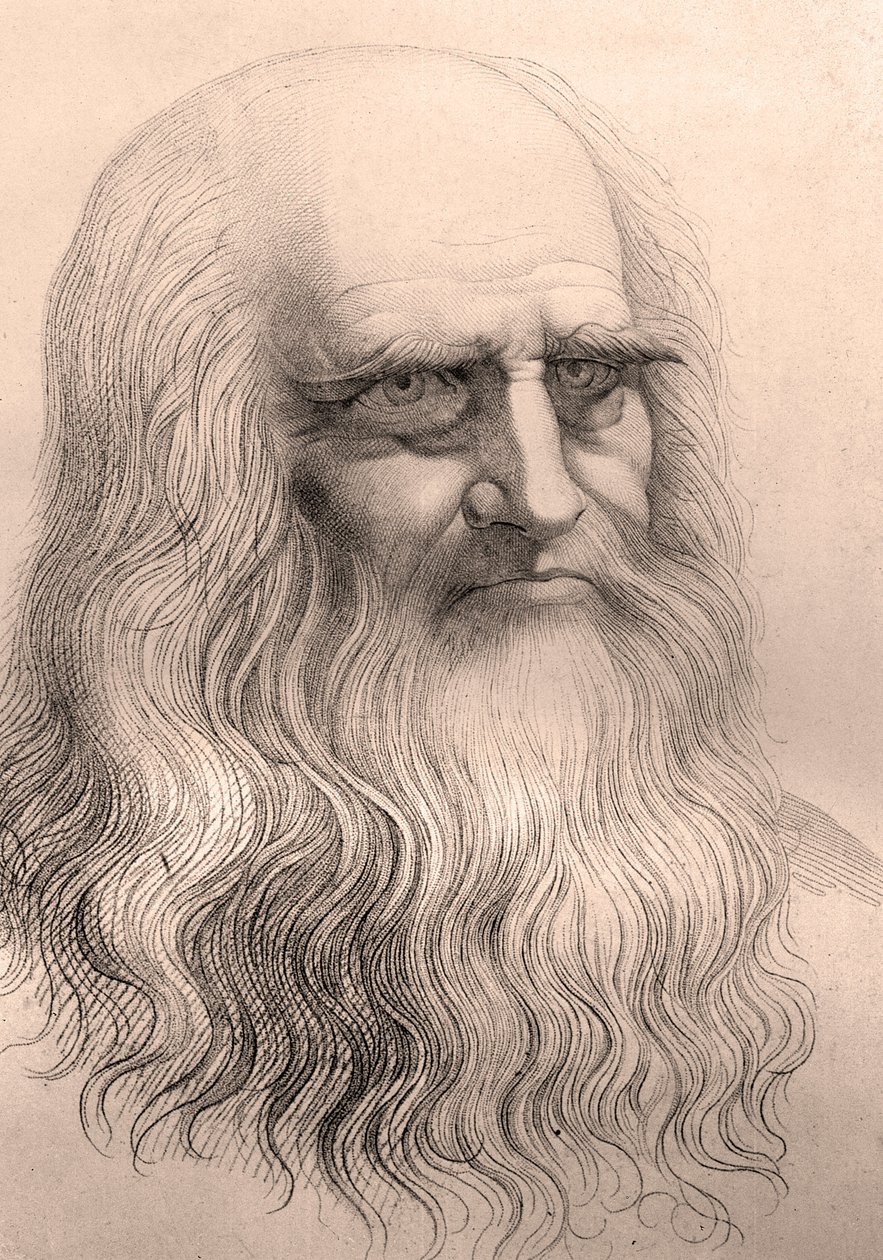 Porträtt av Leonardo Da Vinci (Leonard de Vinci) (1452 - 1519) från hans självporträtt. av Anonymous Anonymous