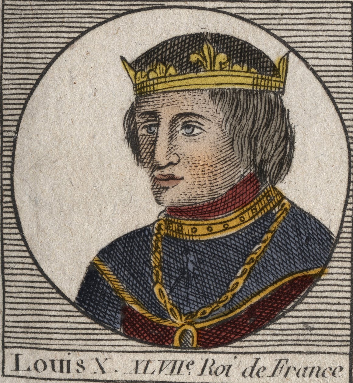 Porträtt av Louis X le Hutin (1289 - 1316), kung av Frankrike - Ludvig X (1289-1316) den envise, kung av Frankrike och Navarra - gravyr från "" Instruction sur l