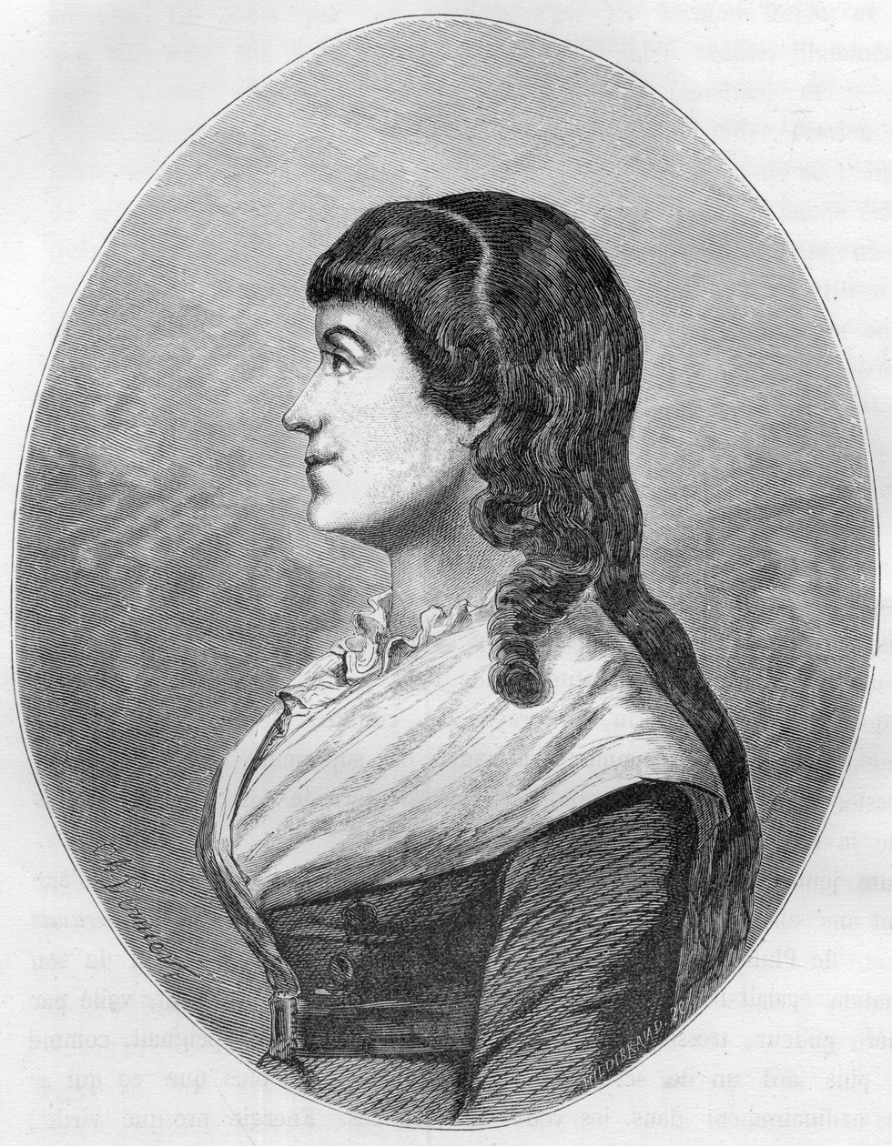 Porträtt av Manon Roland, dit "" Madame Roland"" (1754-1793), född Jeanne-Marie (Jeanne Marie) Philippon, hustru till Roland de La Platiere - Gravyr från 1863 i "Le Livre Rouge - Histoire De L