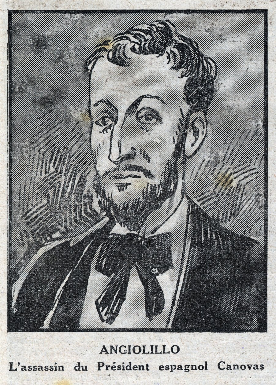 Porträtt av Michele Angiolillo Lombardi dit Jose Sants eller Rinaldini, italiensk anarkist (1871-1897) mördare av spanska rådets president Antonio Canovas del Castillo (1828-1897). Gravyr i "" L