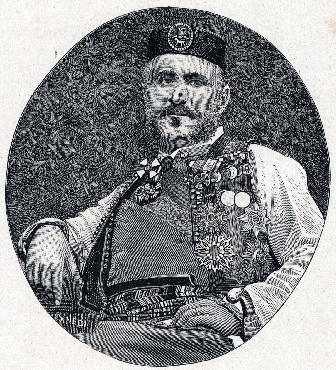 Porträtt av Nicholas I av Montenegro (Nikola I Petrovic-Njegos) (Petrovic Njegos) (1841-1921), Prins av Montenegro och Berda. Gravyr i "Les Missions Catholiques au XIXeme Siecle"" av Louis-Eugene (Louis Eugene) Louvet. privat samling. av Anonymous Anonymous