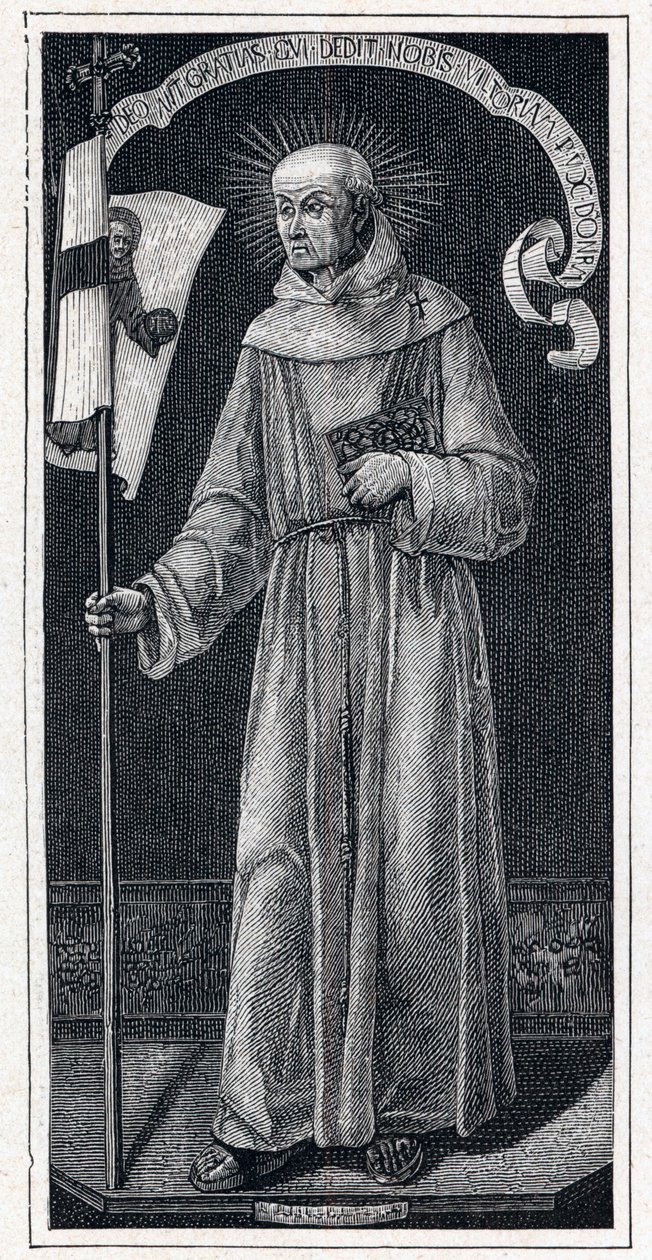 Porträtt av Johannes av Capistran (Giovanni da Capestrano) (1386-1456), italiensk franciskaner. Från 1400-talets målning av Bartolomeo Vivarini. Gravyr i "The Catholic Missions in the XIXth Century"" av Louis-Eugene (Louis Eugene) Louvet. privat företag av Anonymous Anonymous