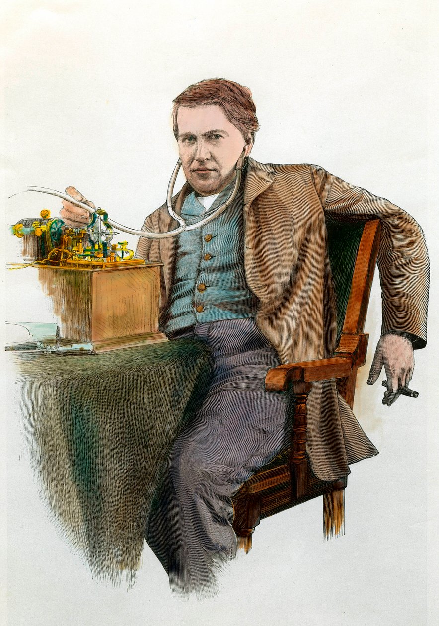 Porträtt av Thomas Edison (1847-1931), amerikansk fysiker. Gravyr omkring 1900. Privat samling av Anonymous Anonymous