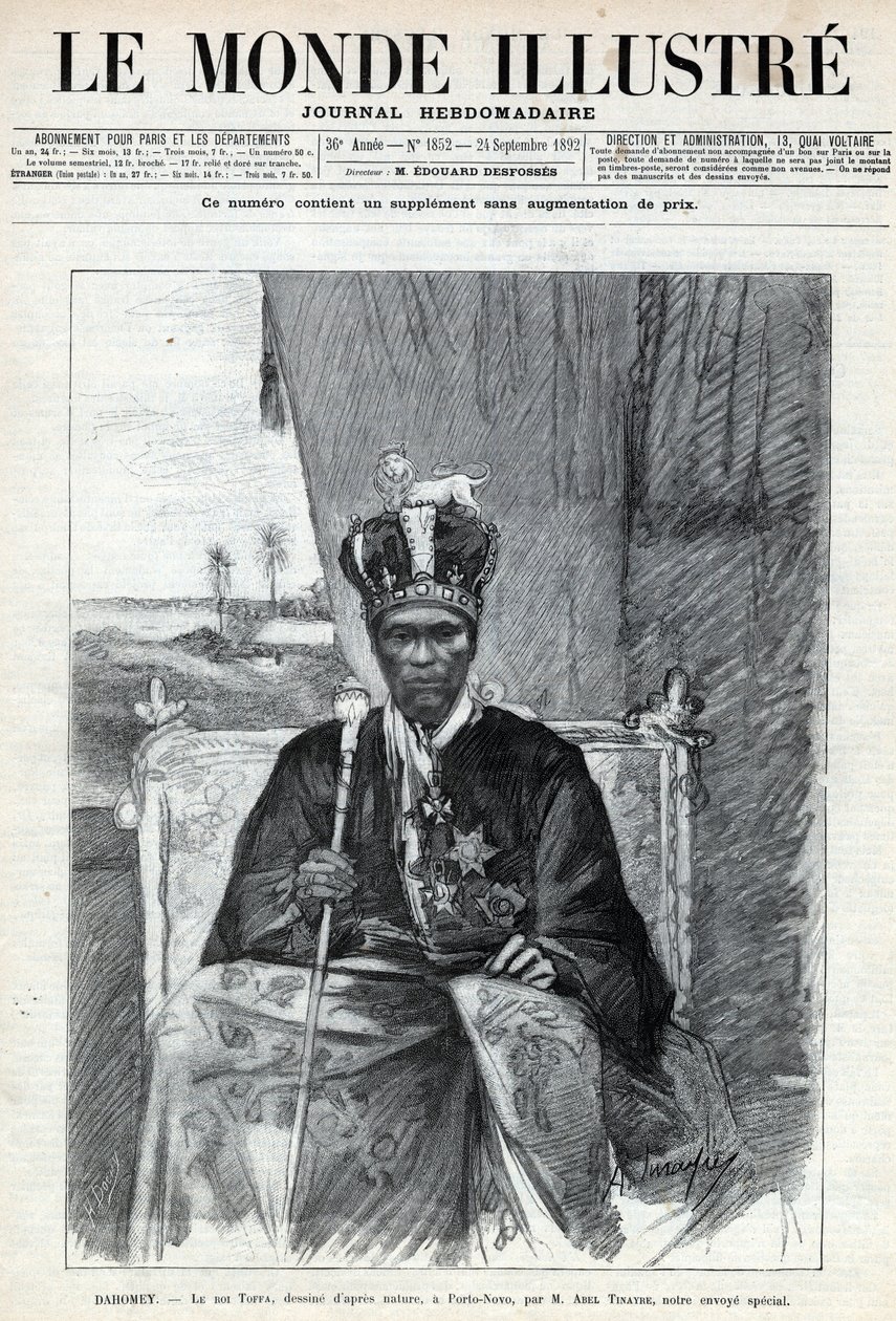 Porträtt av Tofa I (Toffa) (cirka 1850-1908), kung av Dahomey (Benin) till Porto Novo (Porto-Novo). En tidning. Gravyr i "Le monde illustree" från 1892. Privat samling. av Anonymous Anonymous