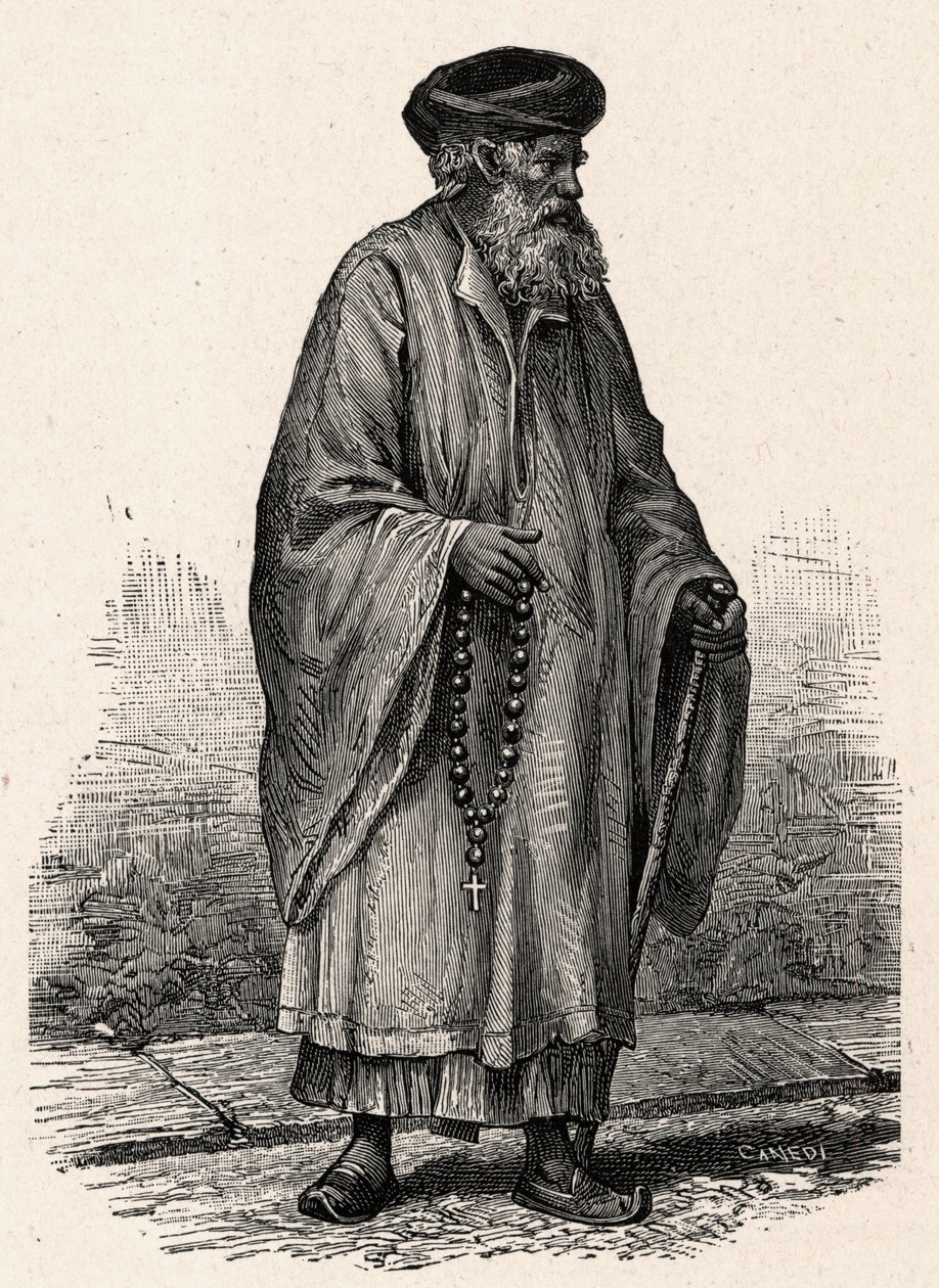 Porträtt av en katolik koptiker från Zifte i Egypten. Gravyr i "The Catholic Missions in the XIXth Century"" av Louis-Eugene (Louis Eugene) Louvet. privat samling. av Anonymous Anonymous