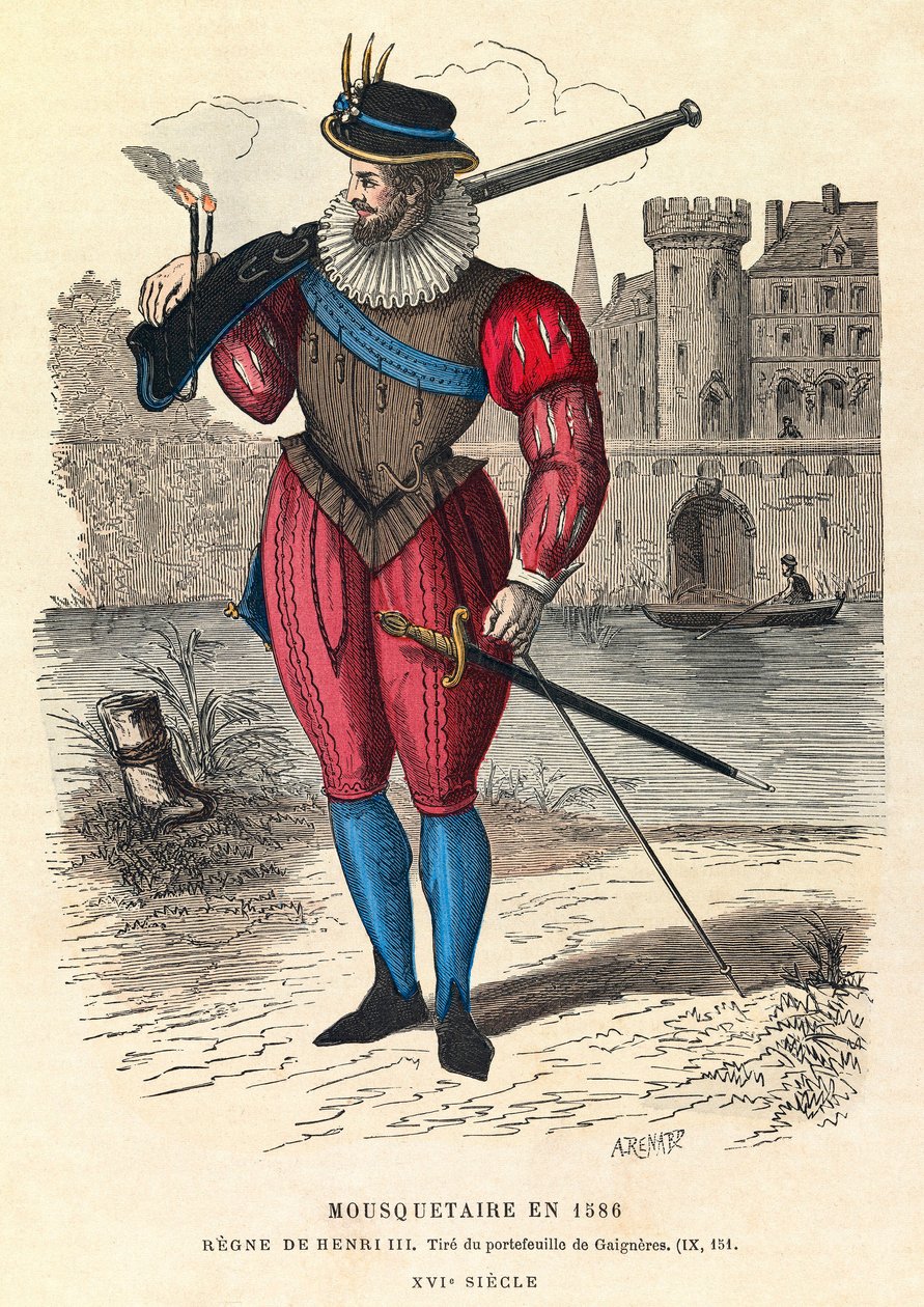 Porträtt av en musketör 1586 i Paris (under kung Henrik III:s regering), gravyr, privat samling - Musketör i Paris av Anonymous Anonymous