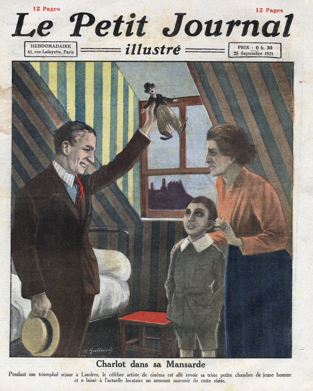 Porträtt av skådespelaren Charlie Chaplin som reser till London och besöker sitt tidigare rum, och erbjuder familjens barn en liten docka av Charlot. Illustration hämtad från "" Le petit journal illustrious""" av 23/09/1921. Privat samling av Anonymous Anonymous