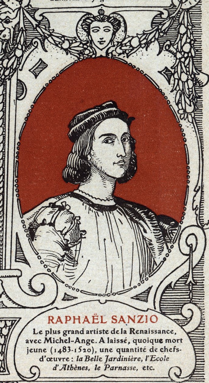 Porträtt av den italienska renässansmålaren Raphael (Raffaello Sanzio 1483-1520). Gravyr från 1914. Privat samling. av Anonymous Anonymous