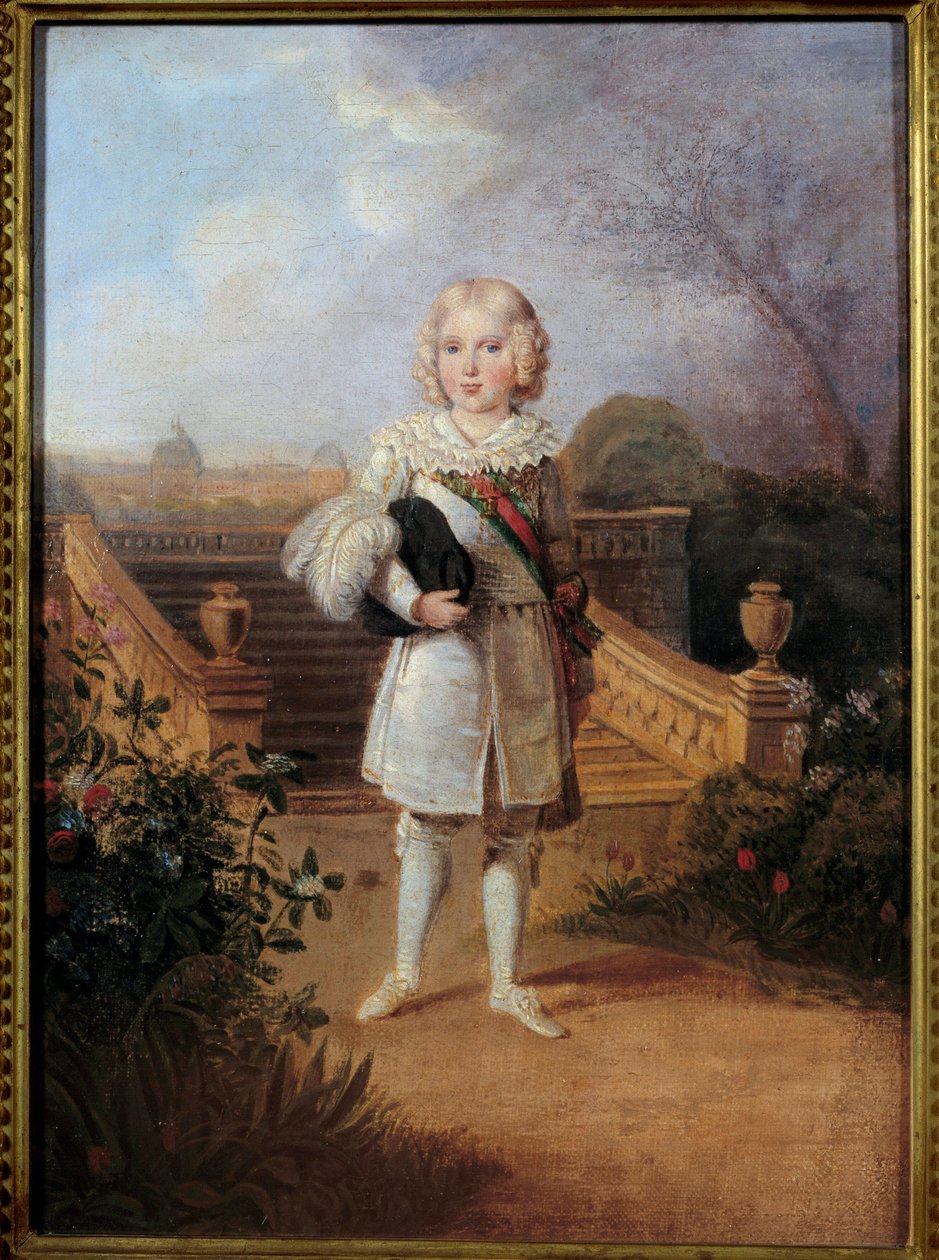 Porträtt av prinsen av Parma (1811-1832) i Tuileriernas trädgård Kungen av Rom Napoleon II, hertig av Reichstadt, son till kejsar Napoleon I (1769-1821). Anonym målning. 1800-talets privatsamling av Anonymous Anonymous