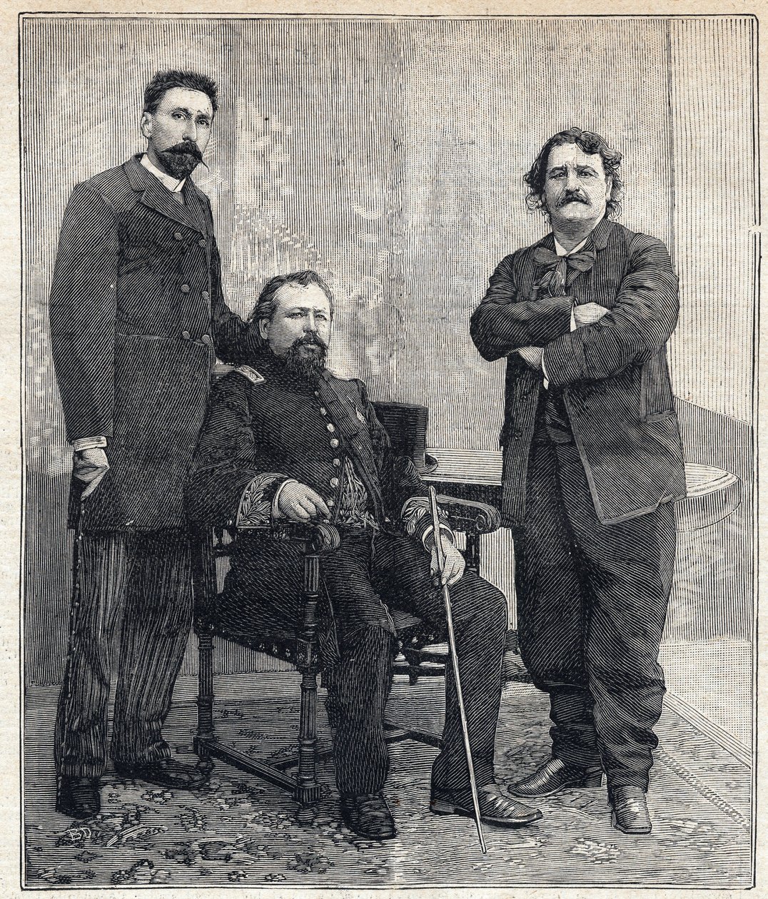 Porträtt av de tre "Academicides": Marius Tournade, Achille Le Roy och Maxime Lissabon (1839-1905) som ville förlöjliga Franska Akademien. Gravyr i "" Le Petit Parisien"" den 4/06/1893. av Anonymous Anonymous