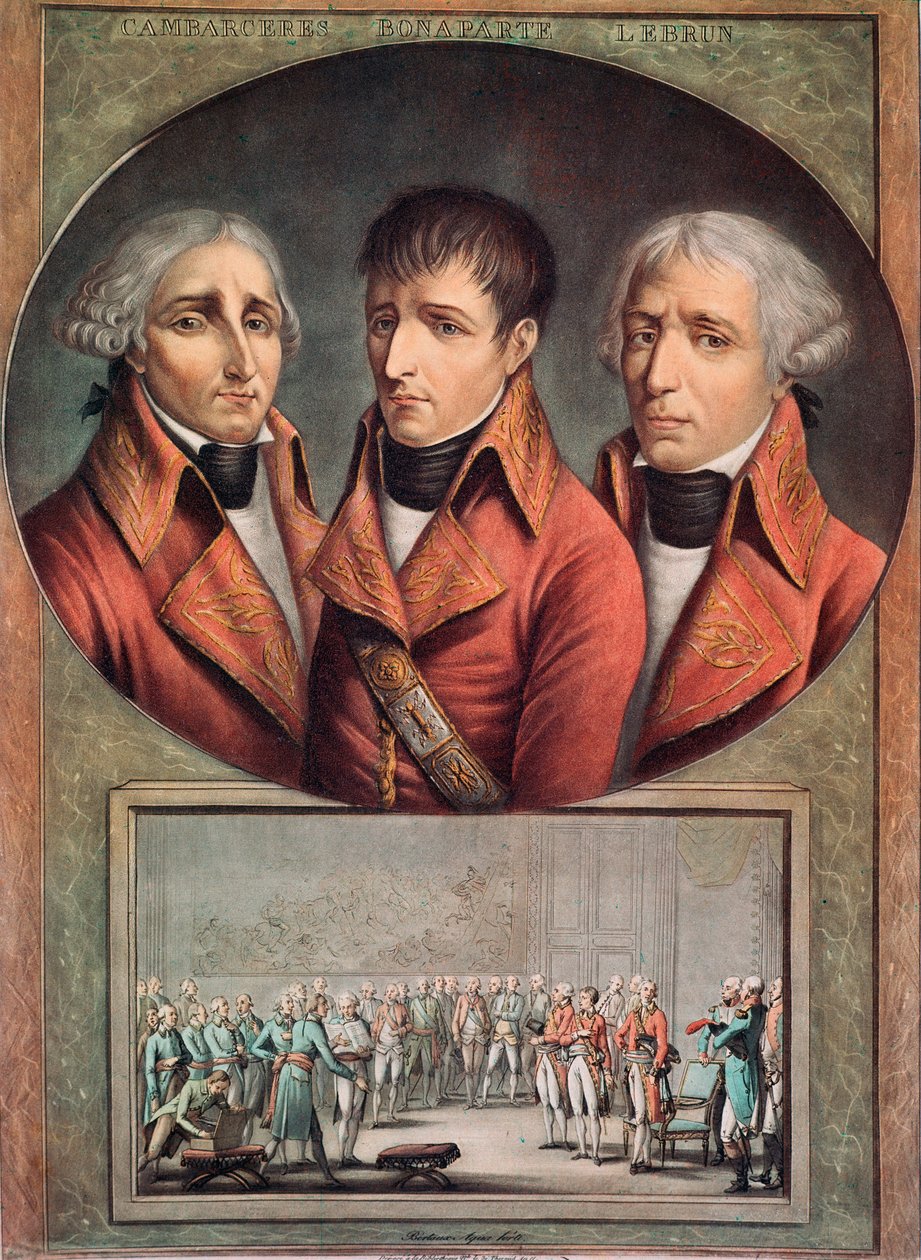 Porträtt av de tre konsulerna Cambaceres, Napoleon Bonaparte och Charles-Francois Lebrun (gravyr av Anonymous Anonymous
