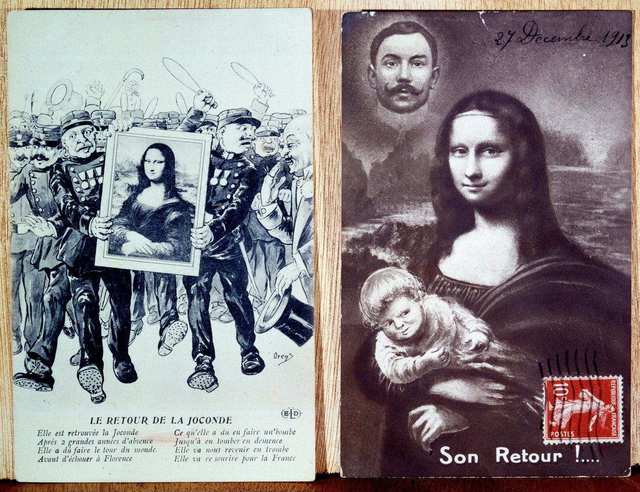 Vykort som firar återkomsten av Leonard de Vincis "Mona Lisa, Monna Lisa" (1452-1519) efter flygningen 1911 av Vincenzo Peruggia (1881-1925). 1913-12-27 av Anonymous Anonymous