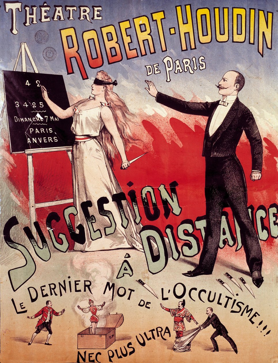 Affisch som presenterar showen "Suggestion a distance"" på Theatre Robert Houdin i Paris, grundad av Jean-Eugene Robert Houdin (1805-1871) av Anonymous Anonymous