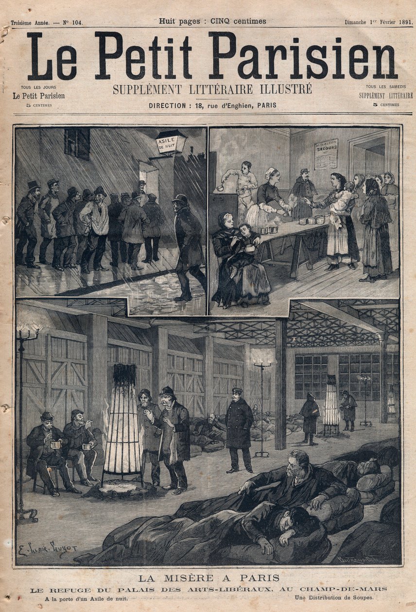 Fattigdom i Paris: tillflyktsort Palais des arts-liberaux (liberal arts) i fältet av mars - vid dörren till en asyl - en distribution av soppor. Gravyr i "" Le petit Parisien"" från 1891. Privat samling. av Anonymous Anonymous