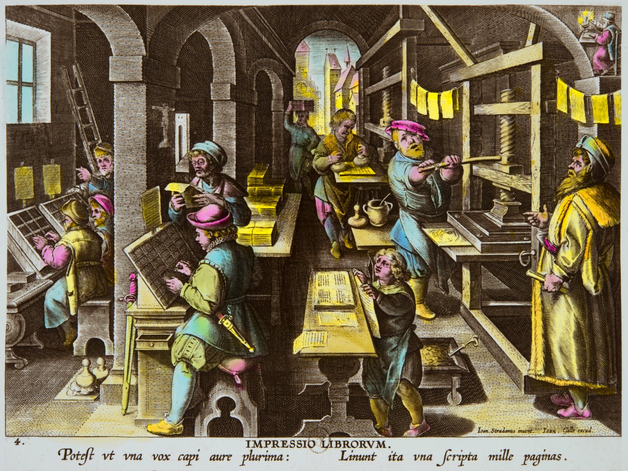 Tryckare och typografiskt tryck med armpress omkring 1600 av Jan Van Der Straet (Giovanni Stradano eller Johannes Stradanus) (1523-1605), Privee Collection av Anonymous Anonymous
