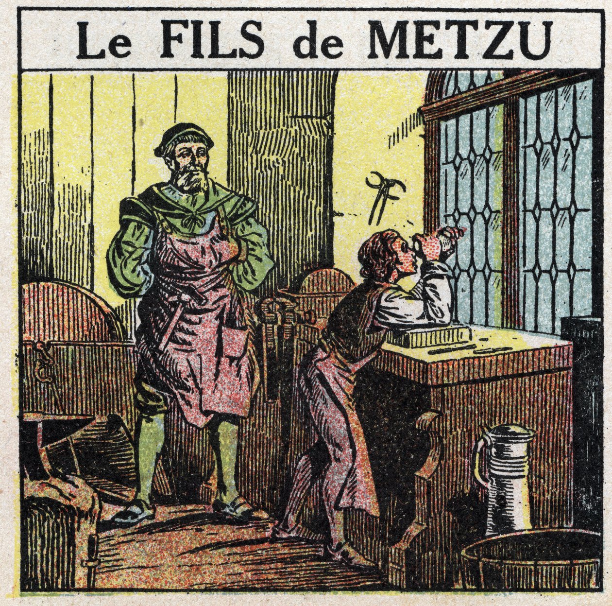 Prismor och linser: Metzus son. Holländaren Jacob Metzu (Jacques Metius) upptäckte teleskopet av en slump 1609 och såg sin son leka med konkava och konvexa glasögon. Anonym illustration från 1925. Privat samling. av Anonymous Anonymous