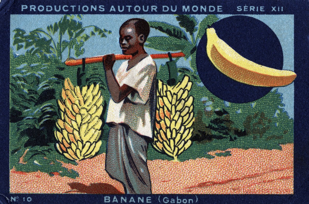 Produktioner runt om i världen: Banana i Gabon. Kromolitografi från 1933 i "" Joseph-Milliat Album"" av Anonymous Anonymous