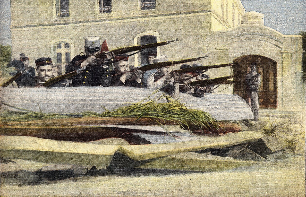 Portugisisk revolution: barrikad på en gata i Lissabon. Gravyr. En av tidningen "" Le petit parisien"" 1910-10-23. Privat samling. av Anonymous Anonymous