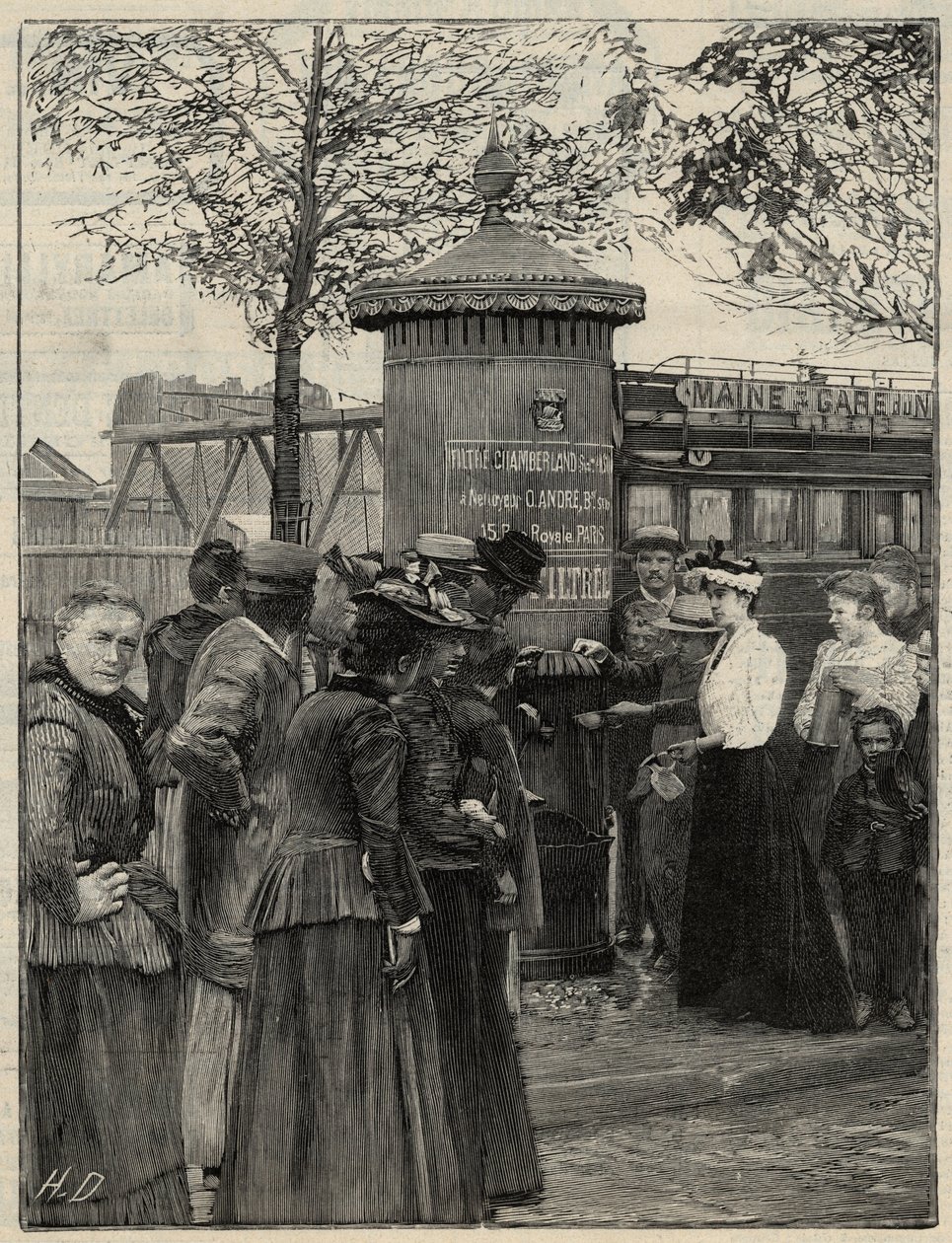 Offentlig hygien: invånare i Paris använder en av filtree-vattenfontänerna installerade i det 15:e arrondissementet. Dessa fontäner har ett Chamberland Pasteur-systemfilter. Gravyr i "Le monde illustree" från 1892. Privat samling. av Anonymous Anonymous