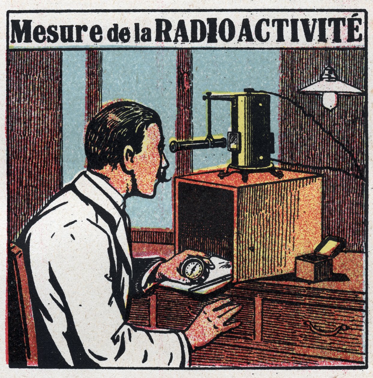 Radium: mätning av radioaktivitet. Anonym illustration från 1925. Privat samling. av Anonymous Anonymous