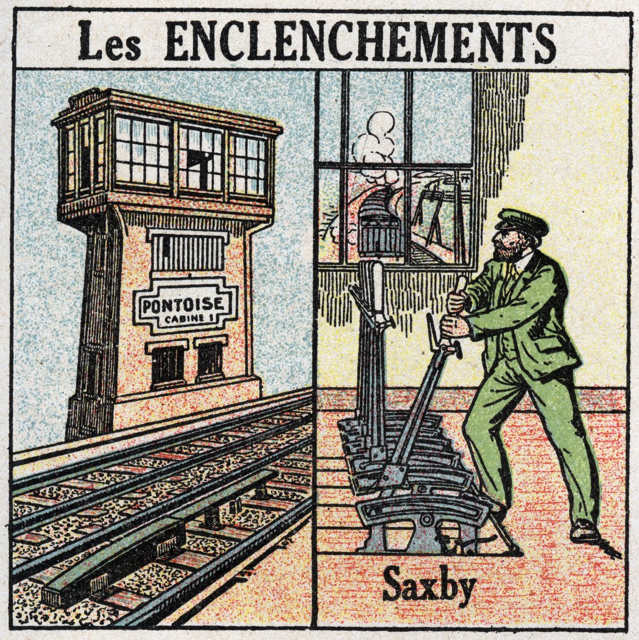 Järnvägar: förregling. En järnväg som använder en Saxby-station för individuella spakar. Anonym illustration från 1925. Privat samling. av Anonymous Anonymous