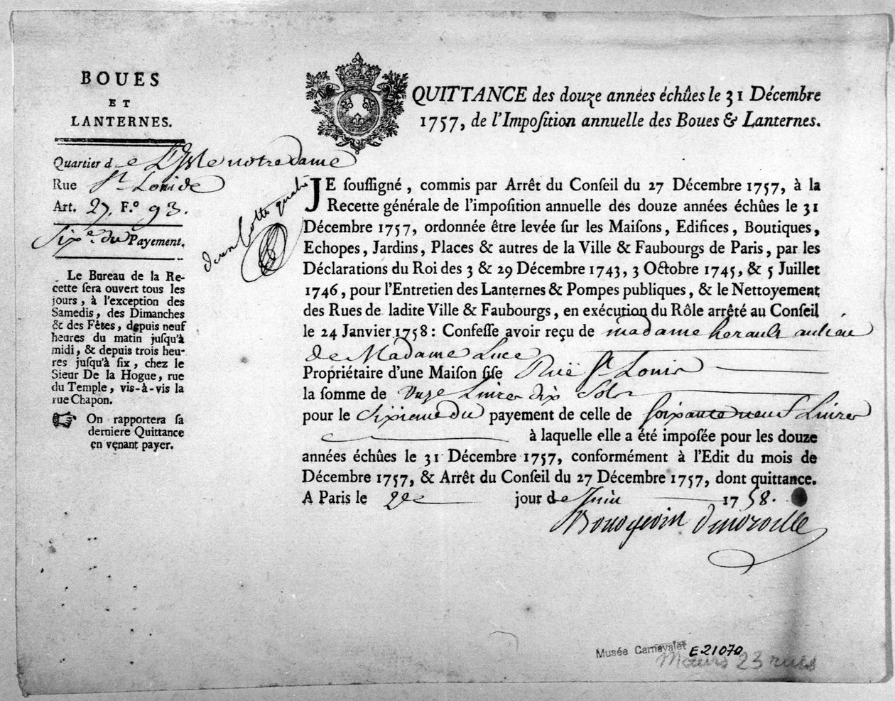 Kvitto från Skatteverket angående betalning av skatter för leran och lyktorna, daterat december 1757. av Anonymous Anonymous