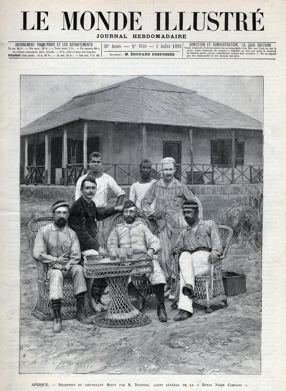 Mottagande av löjtnant Mizon av Frederick Bedford (1838-1913), generalagent för Royal Niger Company. Den franske upptäcktsresanden Louis Alexandre Antoine Mizon (1853-1899) under sin resa till Västafrika. En tidning. Gravyr i "Le monde illustree" från 1892 av Anonymous Anonymous