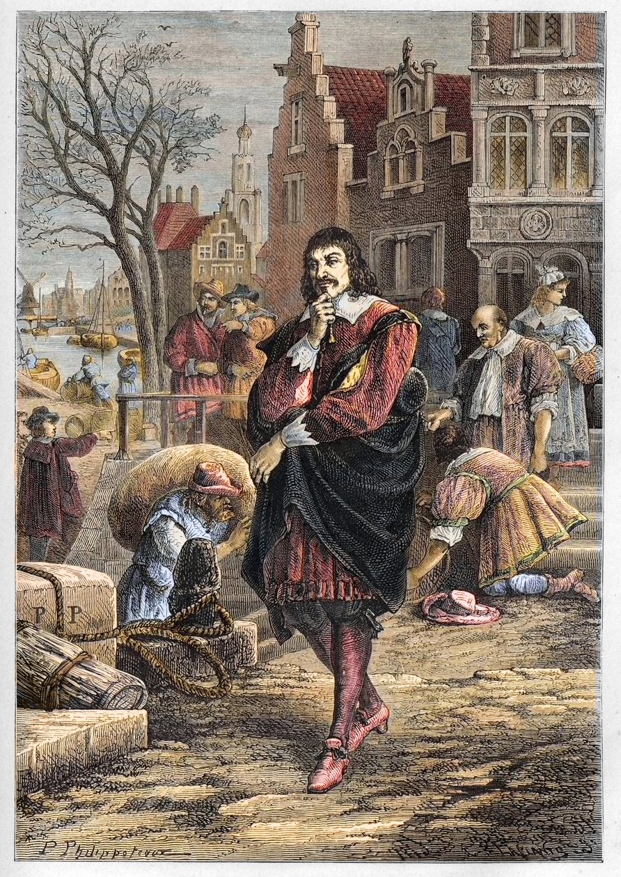 Rene Descartes (1596-1650), fransk filosof och matematiker som går genom Amsterdams gator - Descartes i Amsterdam - gravyr från "" L