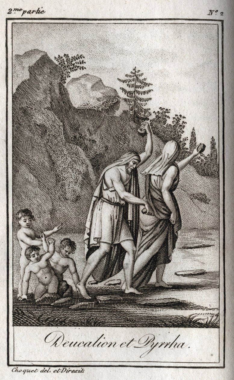 Representation av Deucalion och Pyrrha, de enda överlevande efter syndafloden orsakad av Zeus för att förstöra mänskligheten. Themis efter syndafloden ber dem att gå med huvudet täckt genom att kasta bakom sig deras mors ben (Jordens stenar) (Re av Anonymous Anonymous